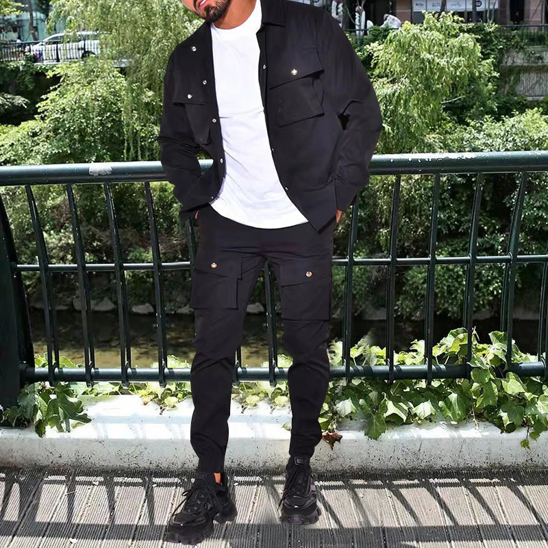 Men's Tracksuits Men's Jacket Cargo Pants Set with Pocket Button Spring Fall Blue Tracksuit High Quality Solid Color Male Fashion 2 Pieces S