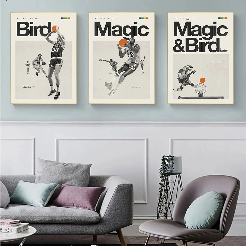 Paintings MAGIC Johnson Larry BIRD Inspired Poster Basketball Sports Canvas Painting Medieval Black and White Printmaking Office Decor 231009
