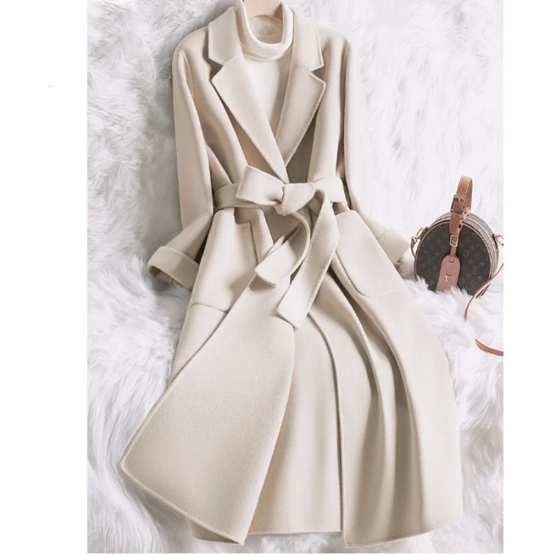 Women's Wool Blends Weight-loss double-sided cashmere coat women's mid-length beige temperament slim-fit autumn and winter woolen coat 23101