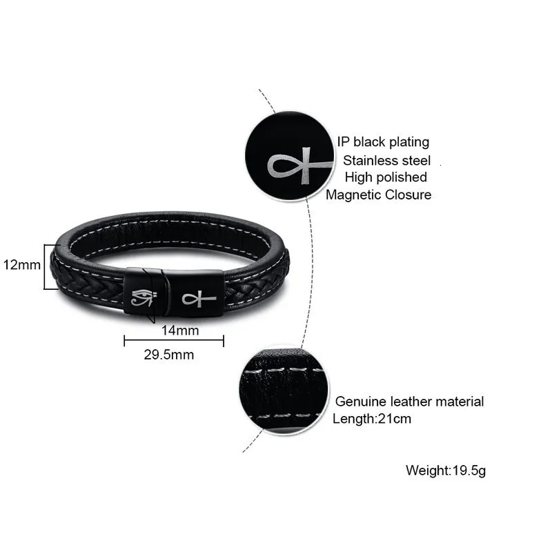 Charm Bracelets Mens Black Handmade Braided Real Leather Bracelets The Eye of Horus and Ankh Cross pulseira Christmas Year Gifts for Him 231009