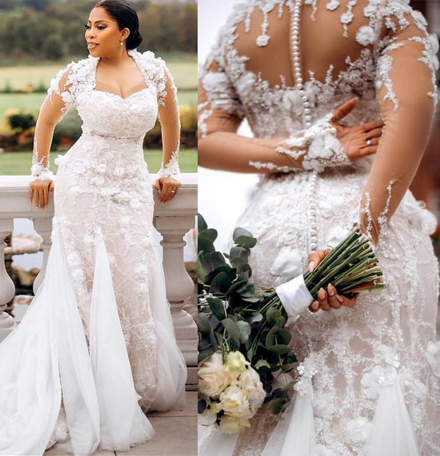 2023 Oct Arabic Aso Ebi Plus Size Lace Mermaid White Wedding Dress Beaded Hand Made Flowers Bridal Gowns Dresses ZJ066