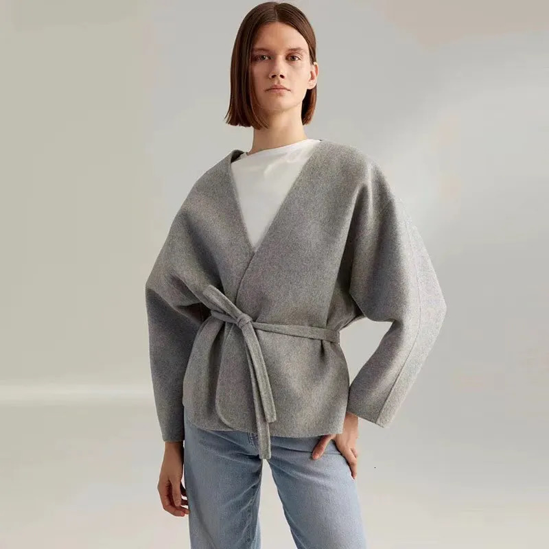Women's Wool Blends Totem* Wool coat short Cardigan Cassic ANNECY series V-neck Cardigan arc si-shaped Silhouette Belted Jacket Tight Waist 23101
