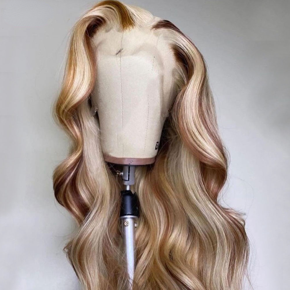Free shipping HD Body Wave Blonde Highlight Front Human Hair 100% Vieamese 34 36 Inch Colored 13x4 Lace Frontal Wigs Pre Plucked