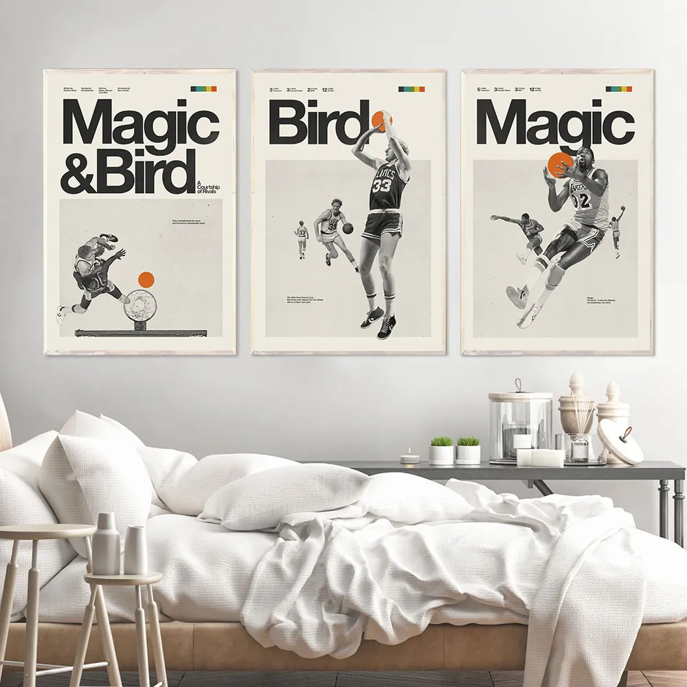 Paintings MAGIC Johnson Larry BIRD Inspired Poster Basketball Sports Canvas Painting Medieval Black and White Printmaking Office Decor 231009