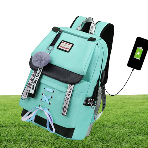 Large Green Backpacks Women School Backpack for Teenage Girls USB School Bag Canvas Middle Junior High College Student Bagpack