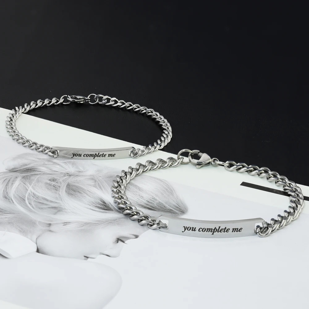 Charm Bracelets 1pair Customized Couple Bracelet for Lovers Message Bar Bracelet stainless steel Bracelet Valentines Day gift 231009