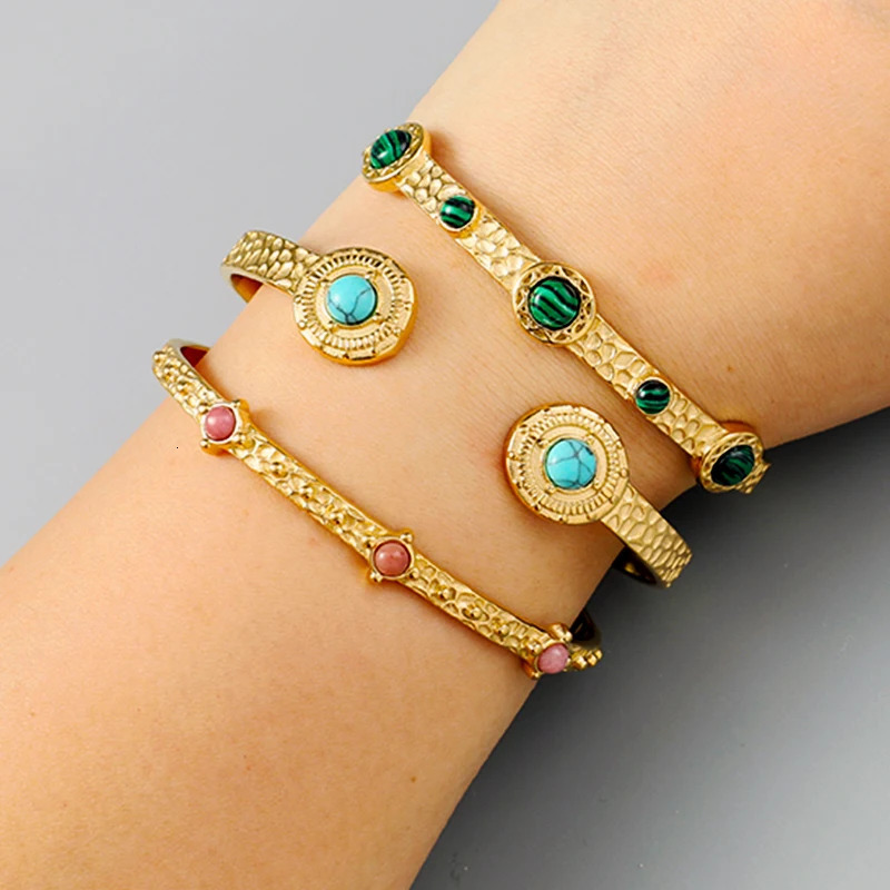 Charm Bracelets Vintage Green Natural Stone Inlay Bracelets for Women Girls Boho Summer Trendy Stainless Steel Opening Bangle Party Jewelry Gift 23100