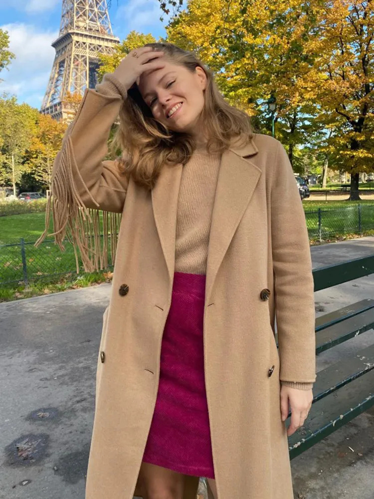 Womens Wool Blends Tassels Solid Oversize Coat Woolen Split Double Breasted Fashion Notched Autumn Winter Jacket Female Long Sleeve 231010