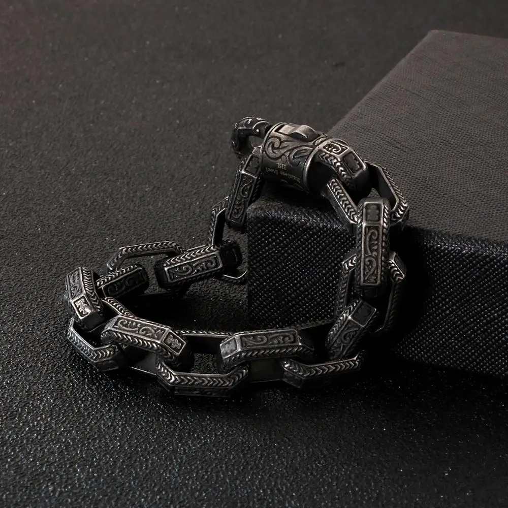 Charm Bracelets Fongten Vintage Square Bead Bracelet For Men Black Stainless Steel Viking Punk Charms Heavy Bracelets Fashion Jewelry Wholesale 231009