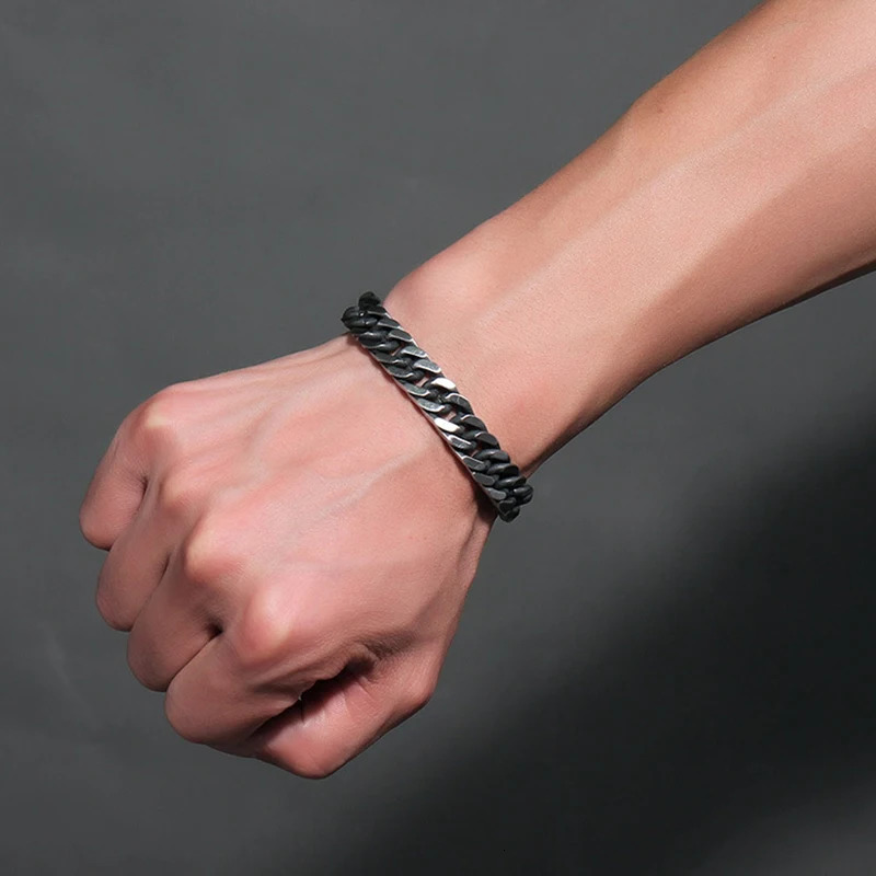 Charm Bracelets oulai777 stainless steel Steel color bracelet men chain hand black chain bracelets cuban link retro rock charm male accessories 231009