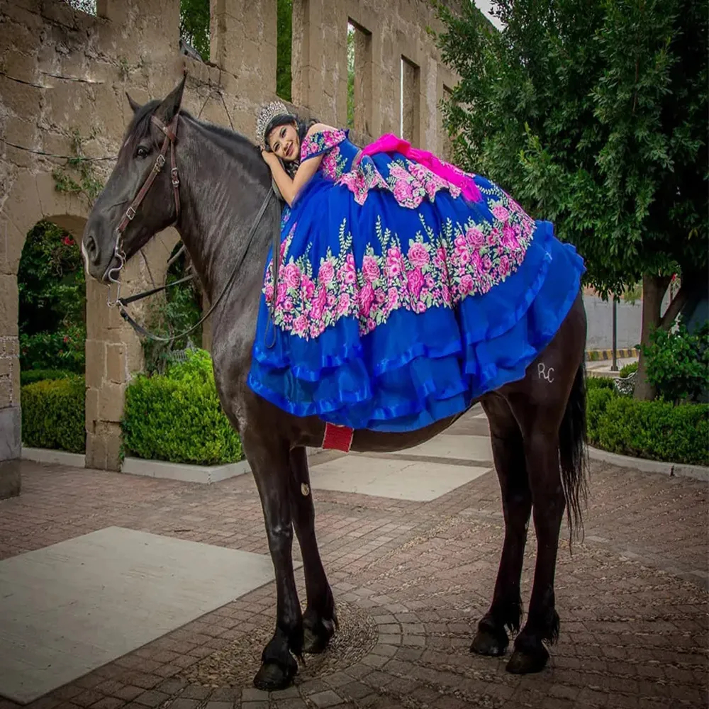 2024 Blue Princess Quinceanera Dresses With Pink Floral Lace Appliques Off The Shoulder Long Gorgeous Prom Occasion Dress For Sweet 16 Girls Party