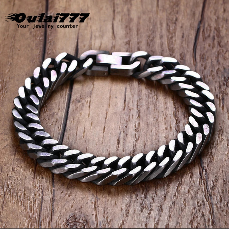Charm Bracelets oulai777 stainless steel Steel color bracelet men chain hand black chain bracelets cuban link retro rock charm male accessories 231009