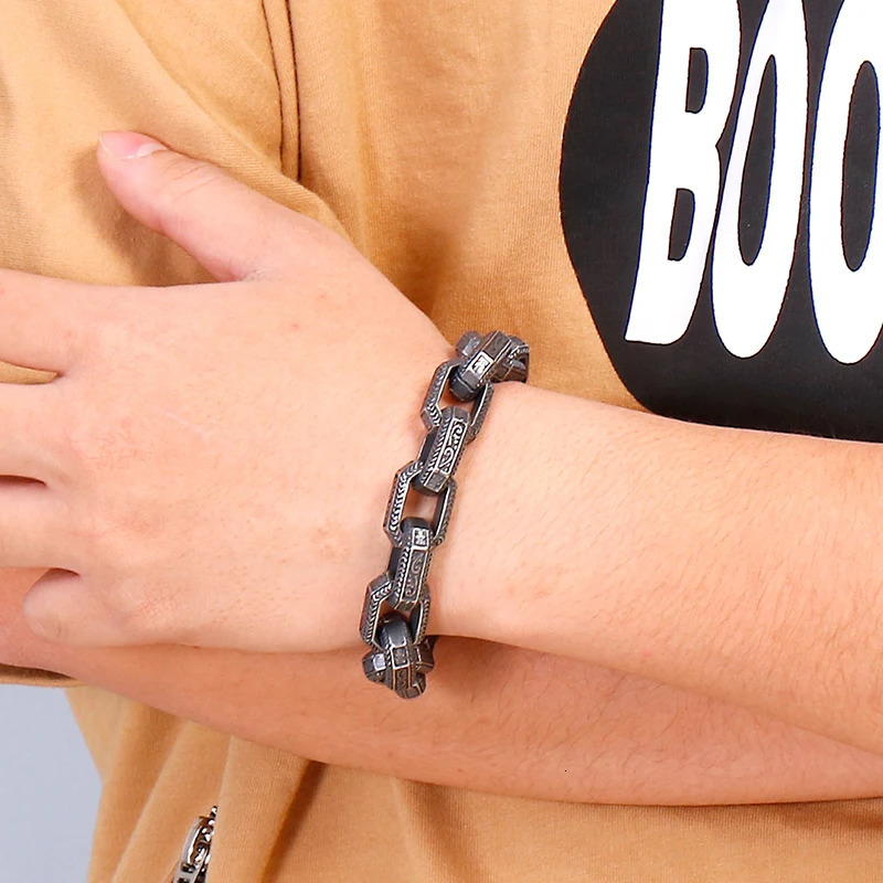 Charm Bracelets Fongten Vintage Square Bead Bracelet For Men Black Stainless Steel Viking Punk Charms Heavy Bracelets Fashion Jewelry Wholesale 231009