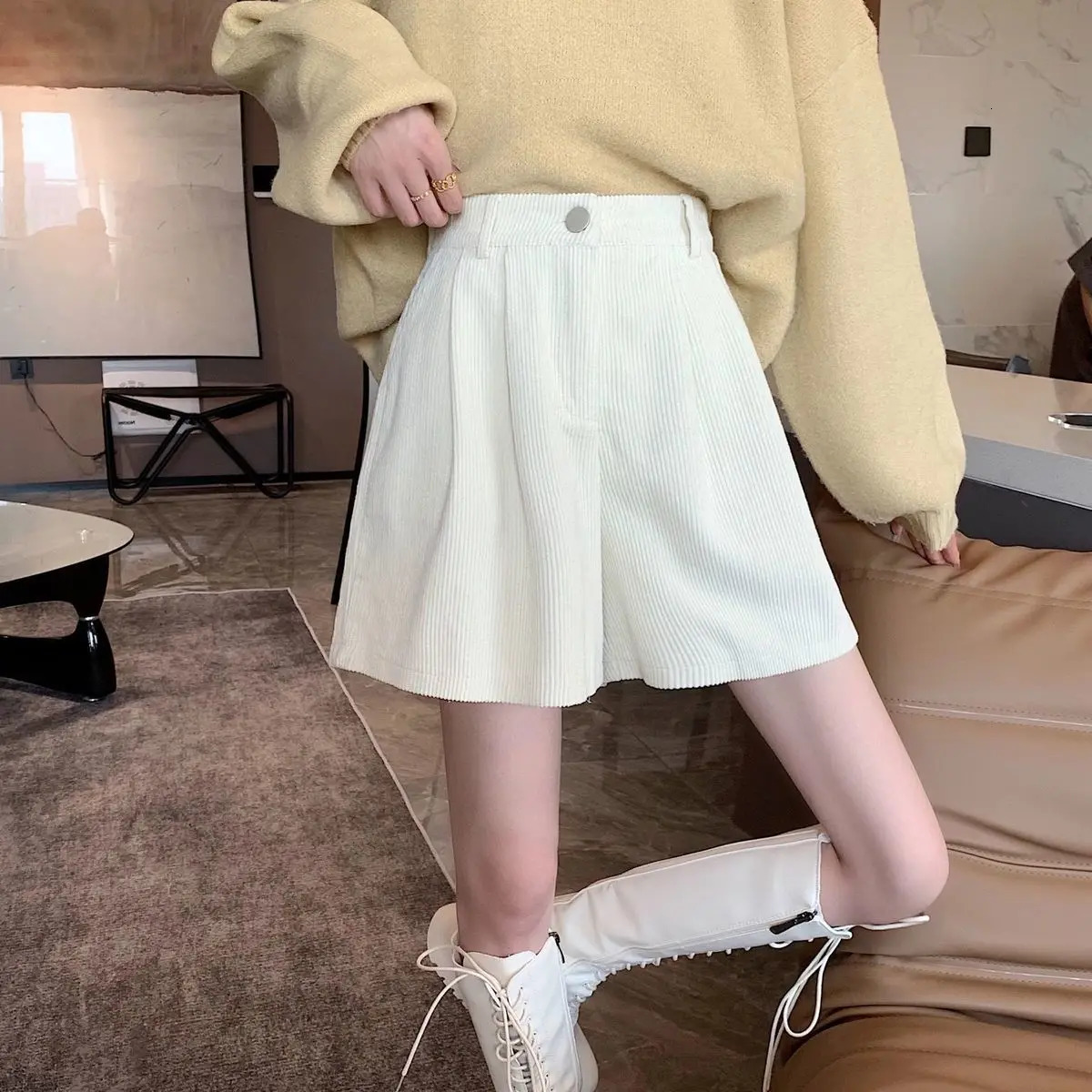 Women's Shorts 2023 Corduroy Cargo Autumn Winter High Waist Wide Leg Casual Vintage Female Trousers Fashion 231009