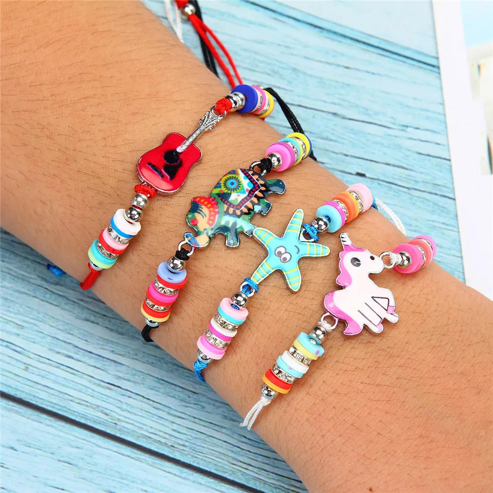 Charm Bracelets Boho 42pcs/lot Women Soft Clay Bead Enamel Turtle Animal Charms Yoga Bracelets Set Braided Adjustable Rope Chain Jewelry Mixed 231009