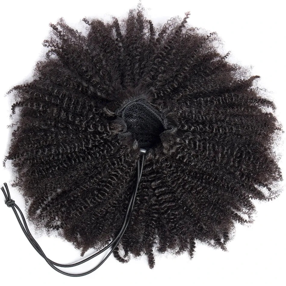 Mongolian Afro Kinky Curly Drawstring Ponytail Human Hair Extensions Pony Tail Clip in Hairpiece For Black Woman Dark Brown Brazilian Remy African ame