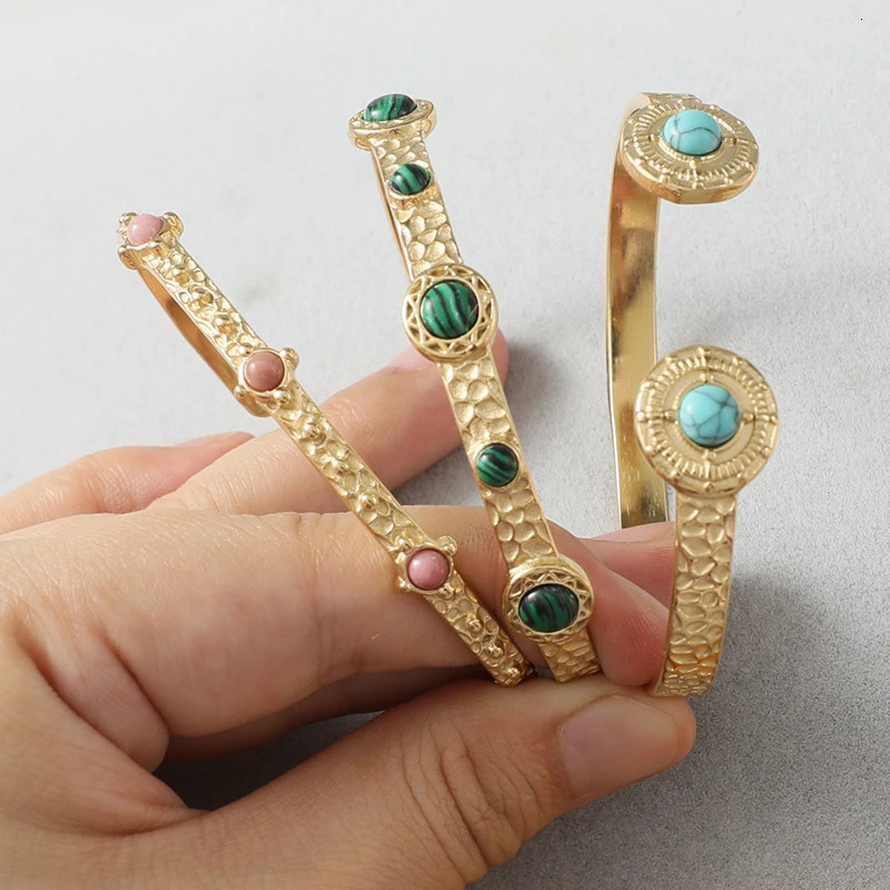 Charm Bracelets Vintage Green Natural Stone Inlay Bracelets for Women Girls Boho Summer Trendy Stainless Steel Opening Bangle Party Jewelry Gift 23100