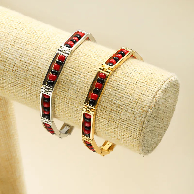 Charm Bracelets CARLIDANA Trend Stainless Steel Jewelry Red and Black Color Orula Beads Bracelet Unisex Lucky Amulet Bangle For Women 231009
