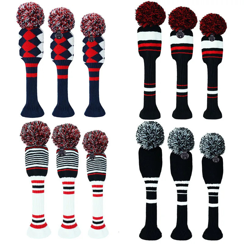 Other Golf Products 3pcs Knit Headcover Classic Protector For Driver Fairway Hybrid with Big Pom Head Covers Black White 231010