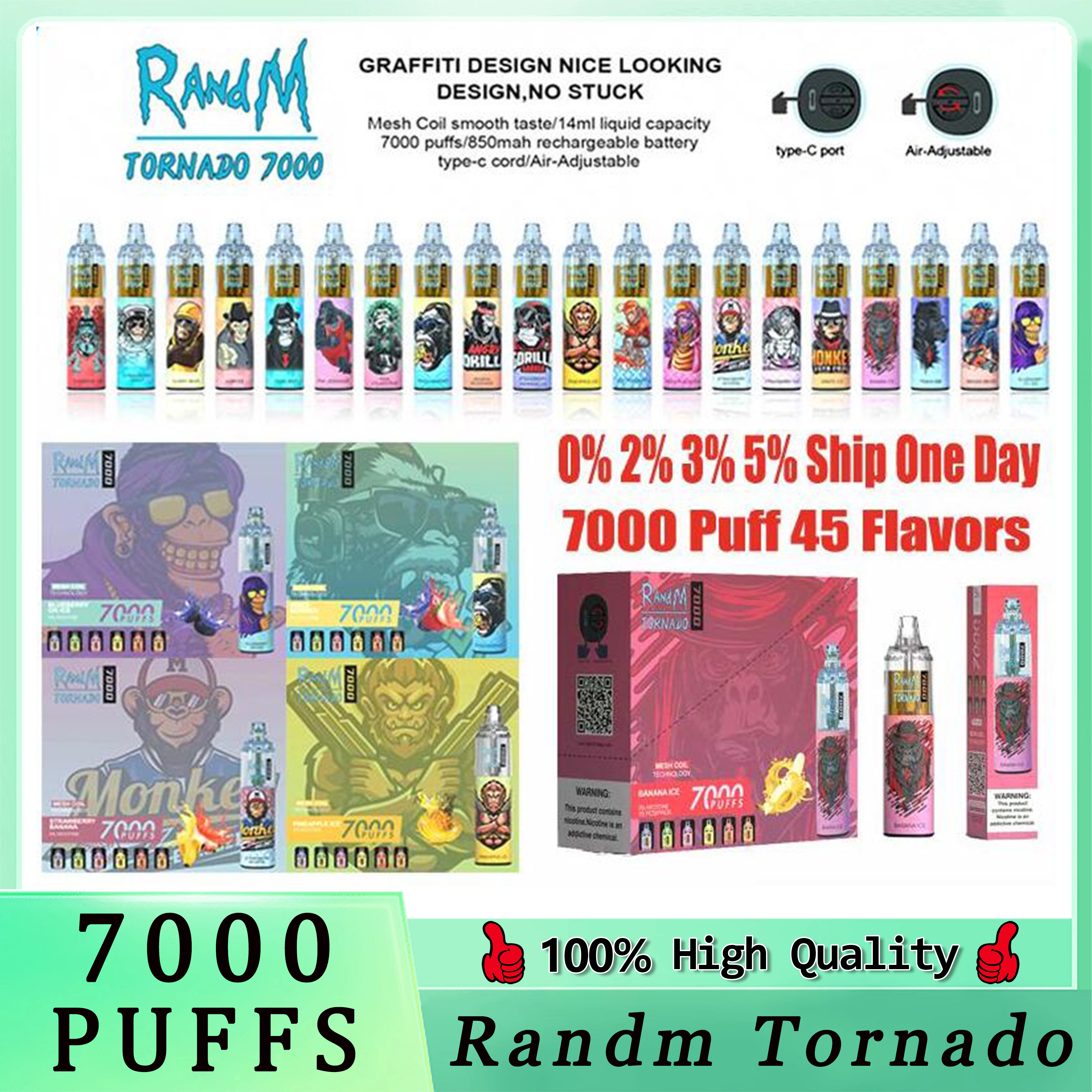Original RandM Tornado 7000 Puffs Disposable Vape Pen Electronic Cigarettes 14ml Pod Mesh Coil Rechargeable Air-adjustable 2% 5% Device Vaporizer 50 Flavors