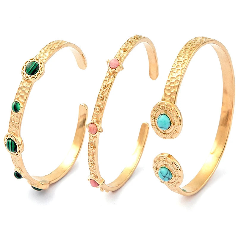 Charm Bracelets Vintage Green Natural Stone Inlay Bracelets for Women Girls Boho Summer Trendy Stainless Steel Opening Bangle Party Jewelry Gift 23100
