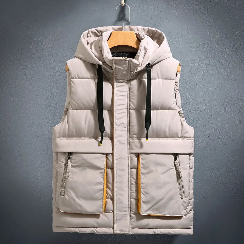 Men's Vests 3674Winter Vest Men Warm Thick Sleeveless Jacket Zipper Slim Pockets Down Cotton Coat Black Gray Beige Waistcoat 231010