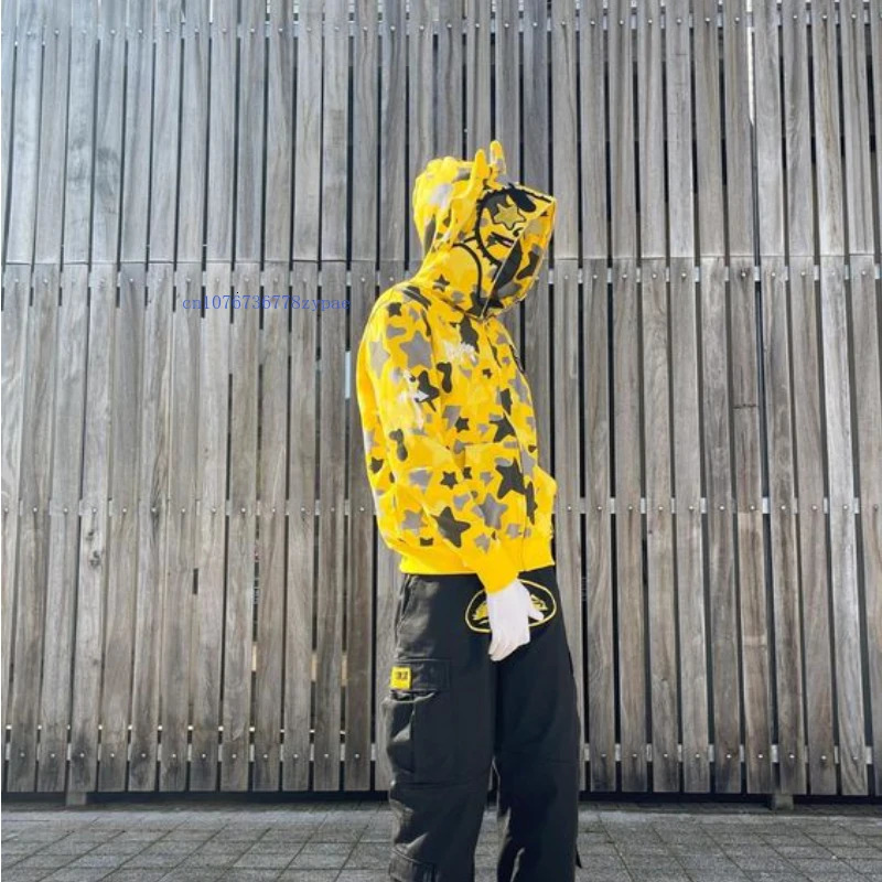 Men's Hoodies Sweatshirts Y2k Yellow Star Lace Hoodie Cardigan Men Women American Autumn Sweatshirt Campus Style Personality Casual Hoodie Jacket