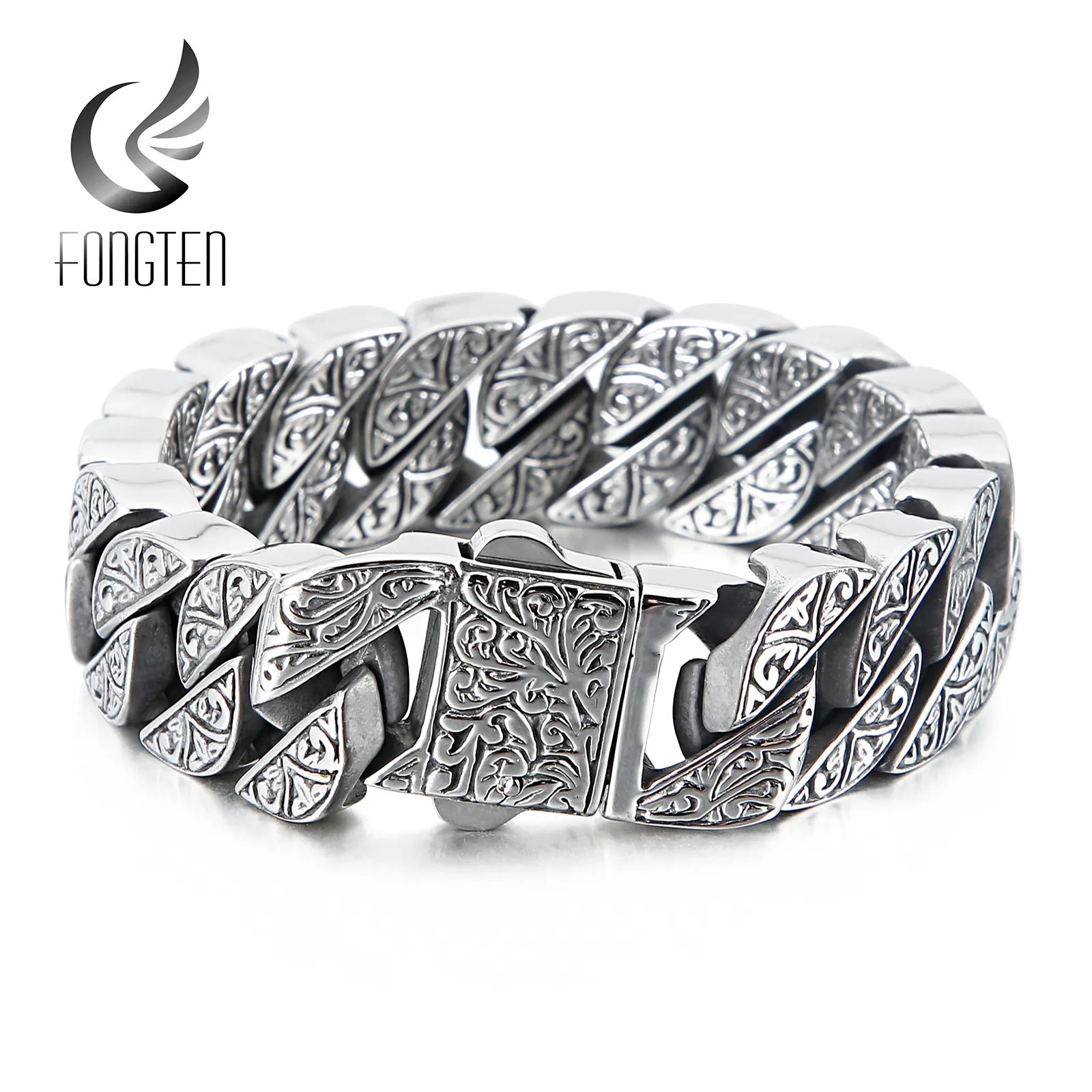 Charm Bracelets Fongten Vintage Bracelet For Men Unique Carving Cuban Link Chain Stainless Steel Men's Bracelets Bangle Viking Fashion Jewelry 23