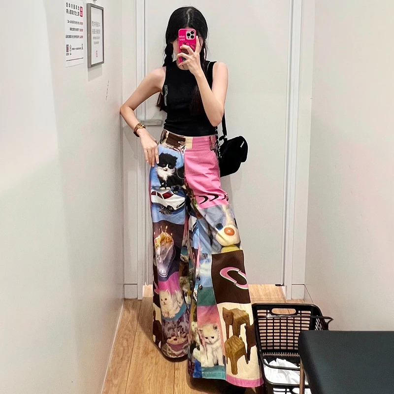 Women's Pants s Karrram Japanese Y2k Wide Leg Harajuku Pink High Waist 2000s Aesthetic Kawaii Cat Print Trousers Korean Fashion Cute 231009