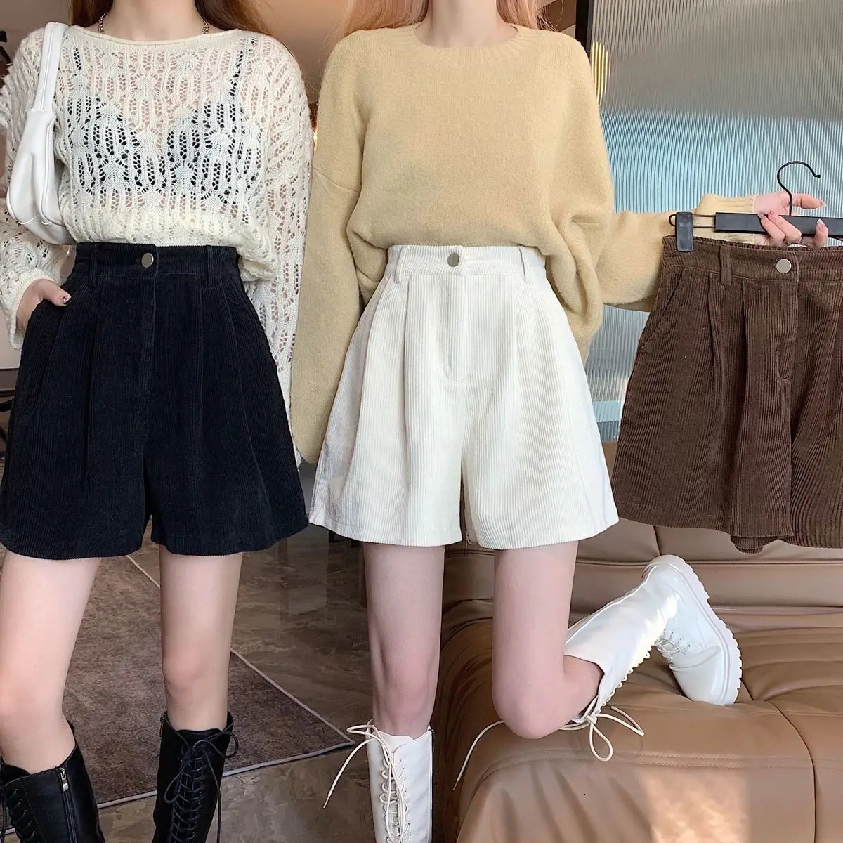 Women's Shorts 2023 Corduroy Cargo Autumn Winter High Waist Wide Leg Casual Vintage Female Trousers Fashion 231009