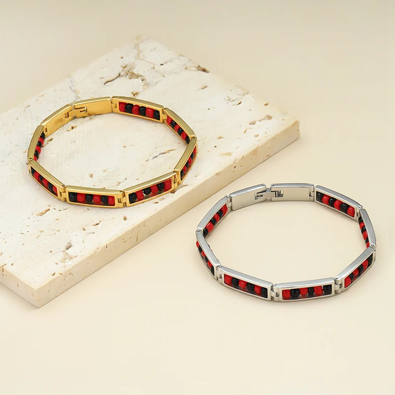 Charm Bracelets CARLIDANA Trend Stainless Steel Jewelry Red and Black Color Orula Beads Bracelet Unisex Lucky Amulet Bangle For Women 231009