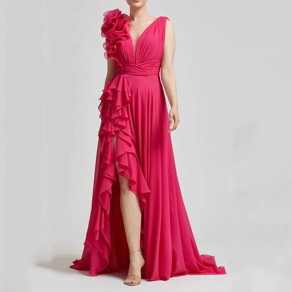 Elegant Long Yellow Evening Dresses V Neck Chiffon Sleeveless with Slit A Line Pleated Floor Length Dress for Special Requests