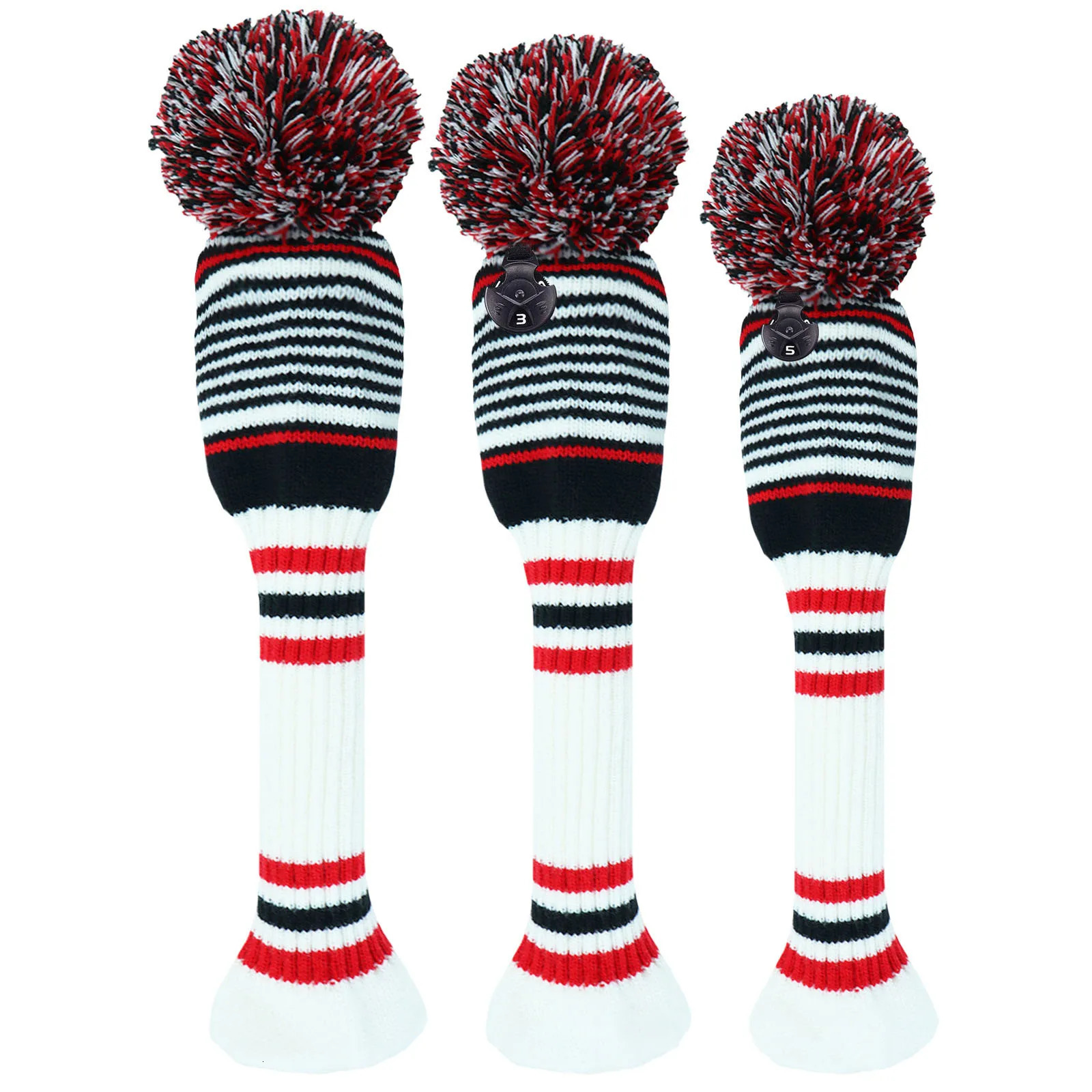 Other Golf Products 3pcs Knit Headcover Classic Protector For Driver Fairway Hybrid with Big Pom Head Covers Black White 231010