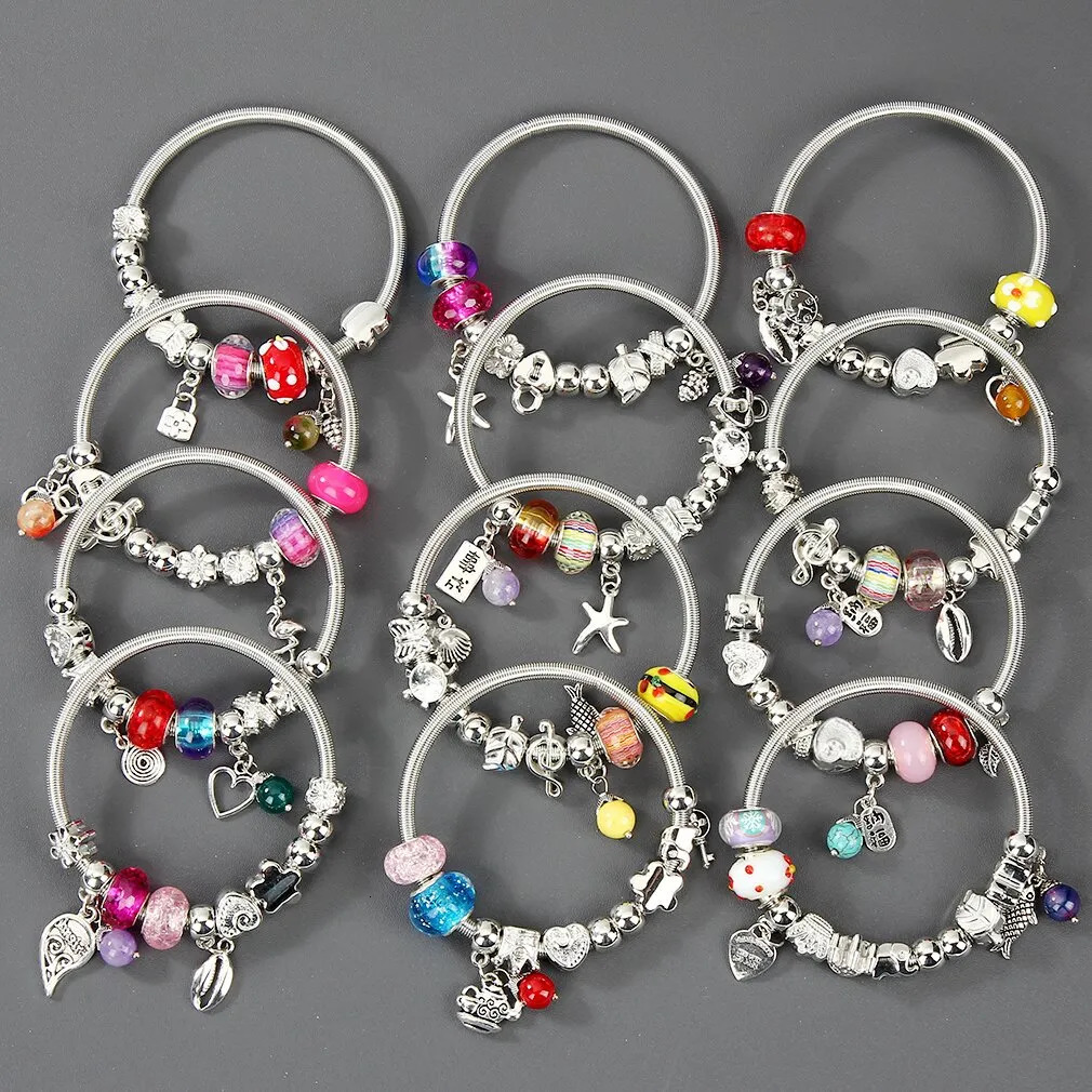 Charm Bracelets 12Pcs/set Women Stainless Steel Starfish Pendant Charms Bracelets Wire Cable Rhinestone Open Adjustable Cuff Bangles DIY Jewelry 23100