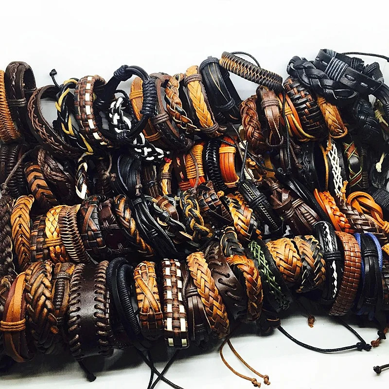 Charm Bracelets MIXMAX 100pcs leather bracelet men Genuine vintage punk rock retro bangle for women couple pulsera hombre wholesale lots bulk 231009