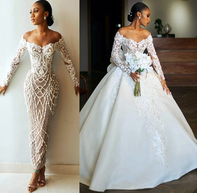2023 Oct Arabic Aso Ebi Plus Size Sheath Ivory Luxurious Wedding Dress Pearls Lace Detachable Train Bridal Gowns Dresses ZJ734