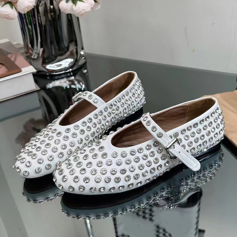 TOP Designer ALAI Shoes Women Ballet Flats Hollowed Out Mesh Sandal Round Head Rhinestone Buckle Mary Genuine LeatherX240821