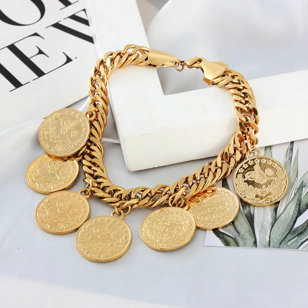 Charm Bracelets Turkish Couple Round Coin Bracelet Golden Muslim Islam Bracelet 21cm Fashion Personality Charm Jewelry Party Gift Wholesale 231009