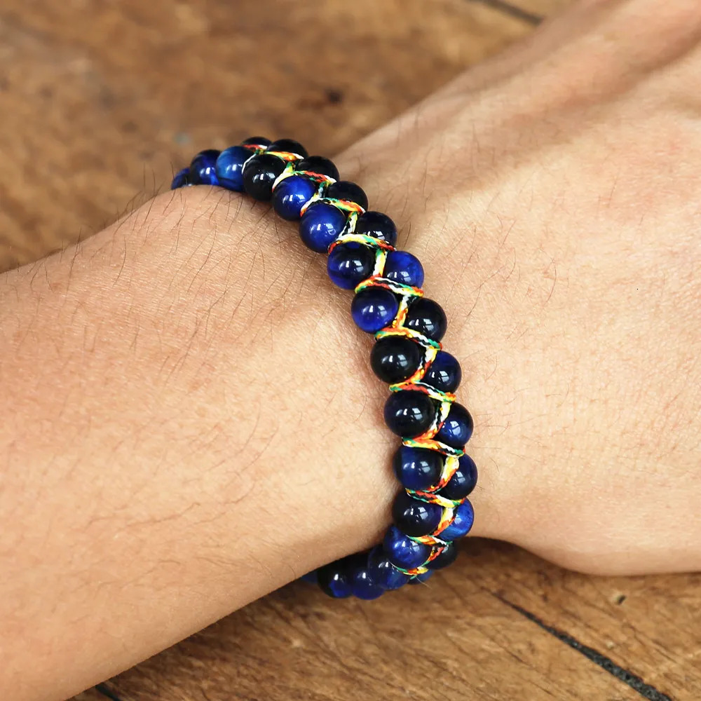 Charm Bracelets Handmade 6mm Blue Tiger Eye Stone Beads Braided Bracelet Women Men Friendship Strand Charm Bracelet Bohemian Jewelry 231009