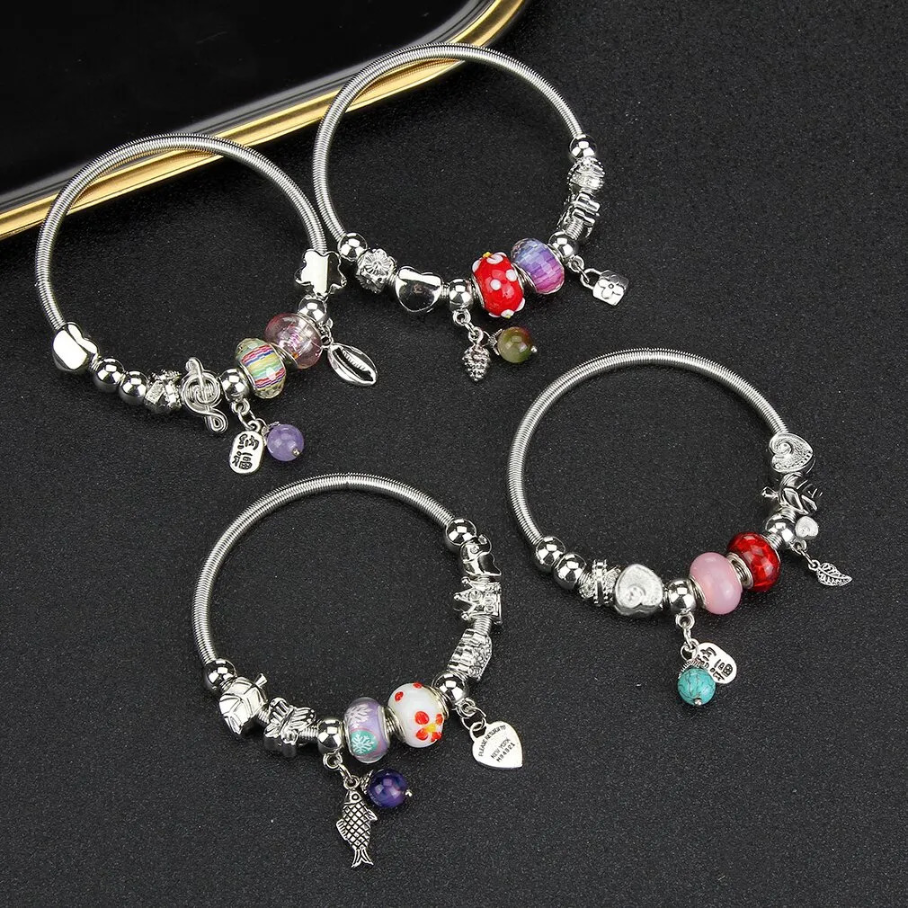 Charm Bracelets 12Pcs/set Women Stainless Steel Starfish Pendant Charms Bracelets Wire Cable Rhinestone Open Adjustable Cuff Bangles DIY Jewelry 23100
