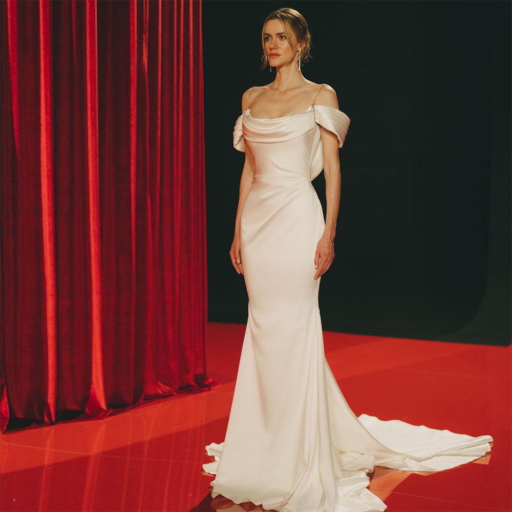 Crystal Off the Shoulder Wedding Bridal Dresses Cowl Neck Mermaid Wedding Gowns Pleat Satin Women Robe De Mairee