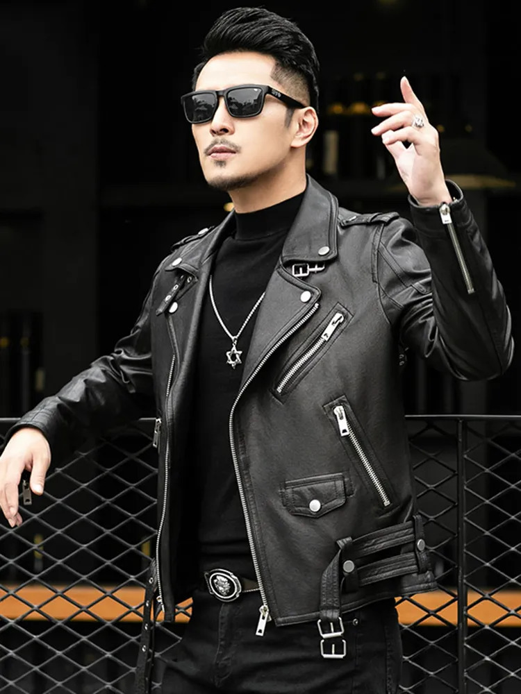 Men's Leather Faux Mauroicardi Spring Autumn Short Cool Black Biker Jacket Men Zipper Long Sleeve Belt Plus Size European Fashion 4xl 5xl 231010