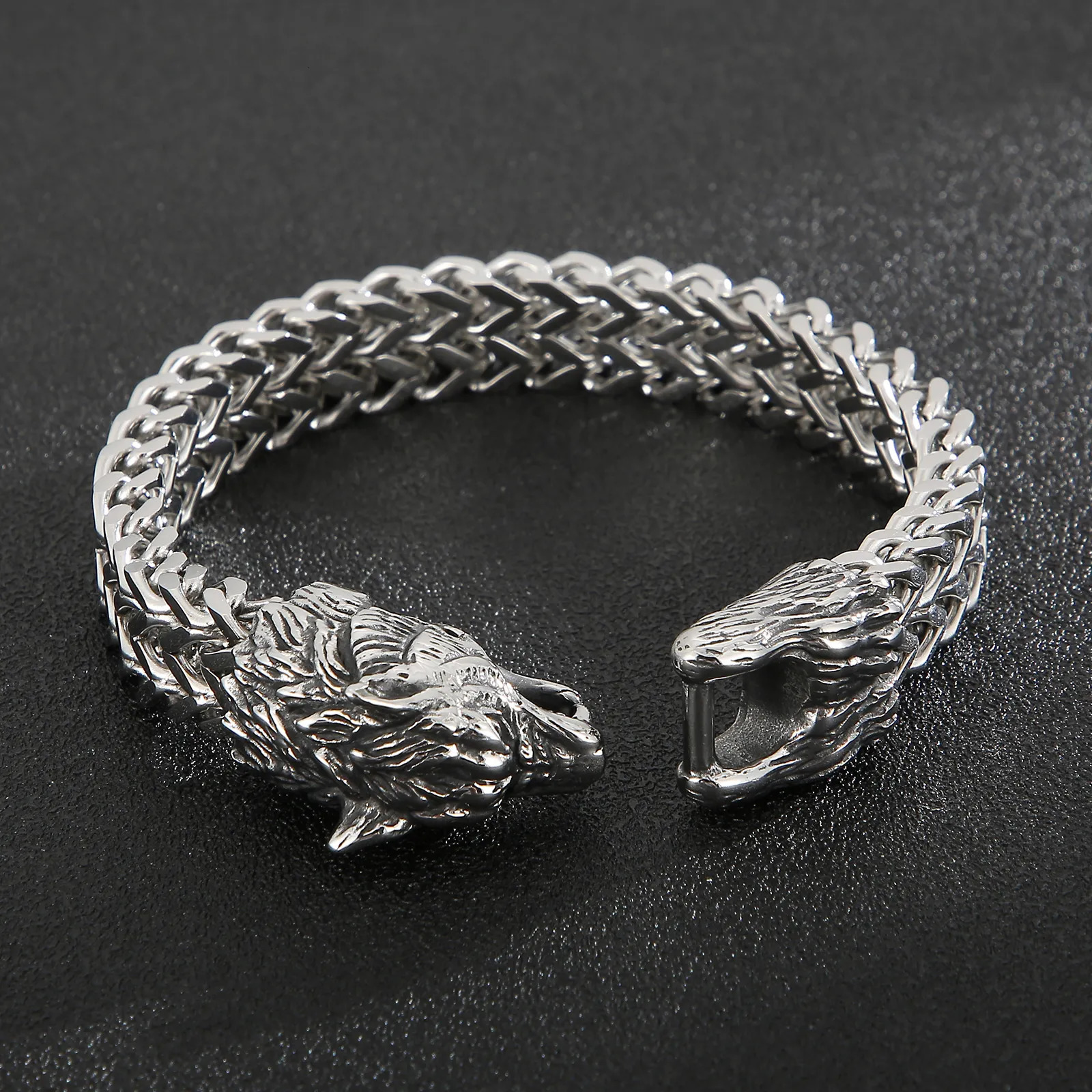 Charm Bracelets Fongten Wolf Head Animal Punk Men Bracelet Viking Retro Stainless Steel Wristband Charm Trendy Mesh Chain Bangle Jewelry 231009