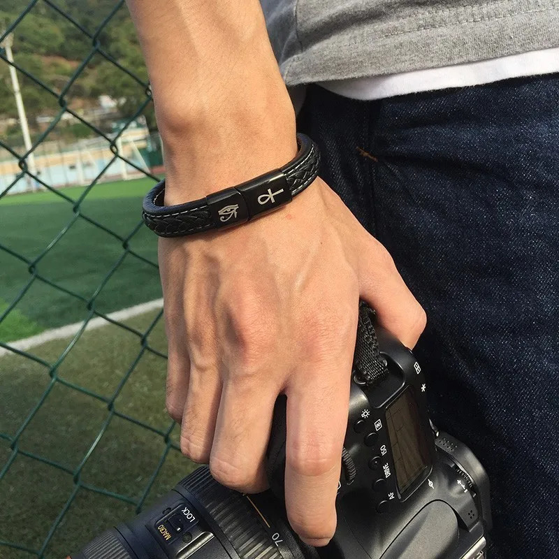 Charm Bracelets Mens Black Handmade Braided Real Leather Bracelets The Eye of Horus and Ankh Cross pulseira Christmas Year Gifts for Him 231009