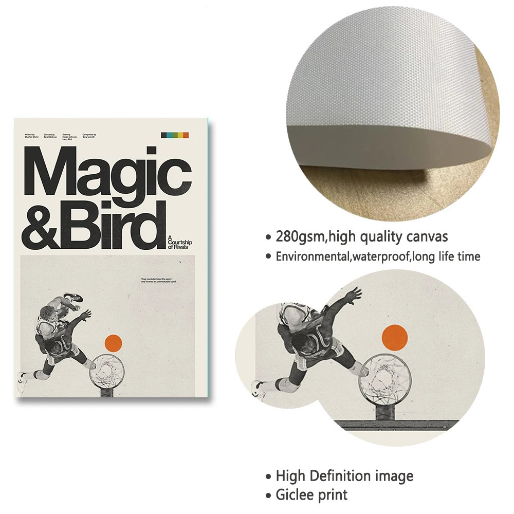 Paintings MAGIC Johnson Larry BIRD Inspired Poster Basketball Sports Canvas Painting Medieval Black and White Printmaking Office Decor 231009