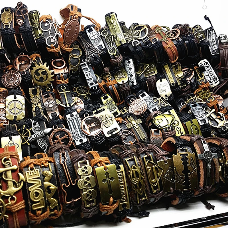Charm Bracelets MIXMAX 100pcs leather bracelet men Genuine vintage punk rock retro bangle for women couple pulsera hombre wholesale lots bulk 231009