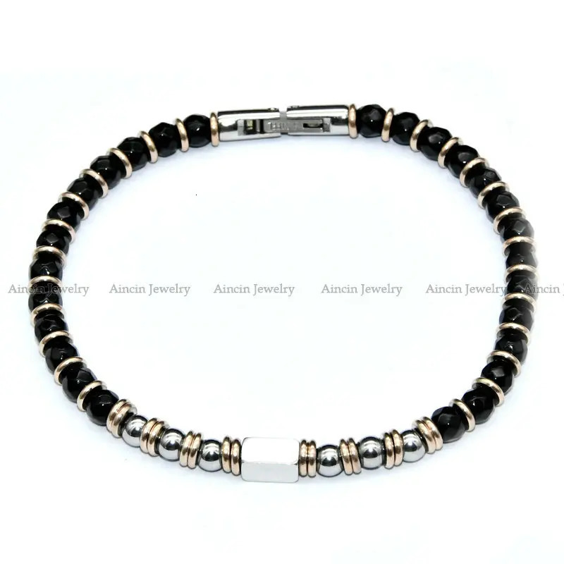 Charm Bracelets High Quality Black Faceted Agate Round Beads Stainless Steel Bracelet For Fashion Men's Jewelry 231009
