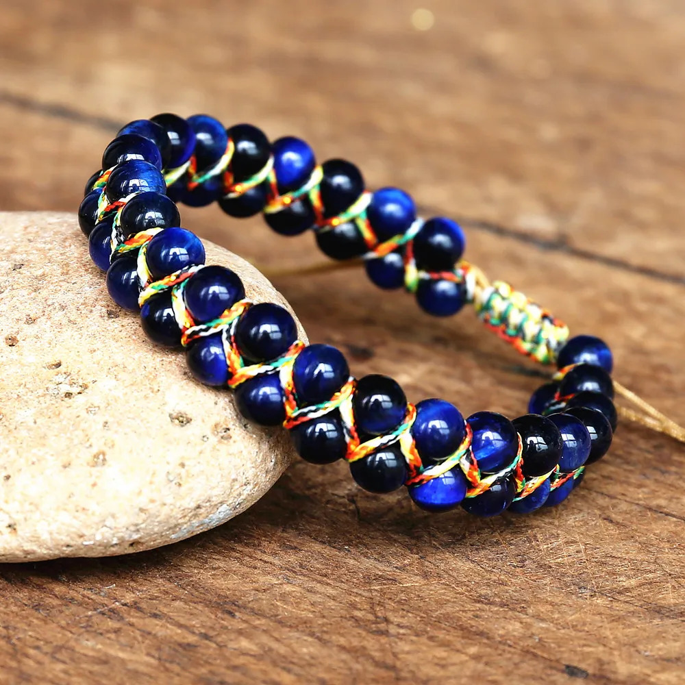 Charm Bracelets Handmade 6mm Blue Tiger Eye Stone Beads Braided Bracelet Women Men Friendship Strand Charm Bracelet Bohemian Jewelry 231009