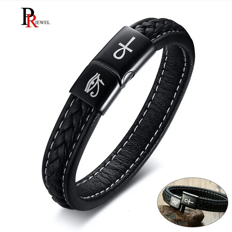 Charm Bracelets Mens Black Handmade Braided Real Leather Bracelets The Eye of Horus and Ankh Cross pulseira Christmas Year Gifts for Him 231009