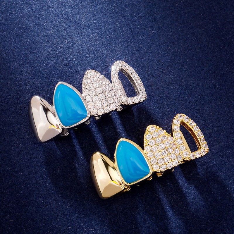 New Fashion Yellow White Gold Plated Bling Iced Out CZ Teeth Grillz Grills Dental Grills Rapper Jewelry for Men Women Gift